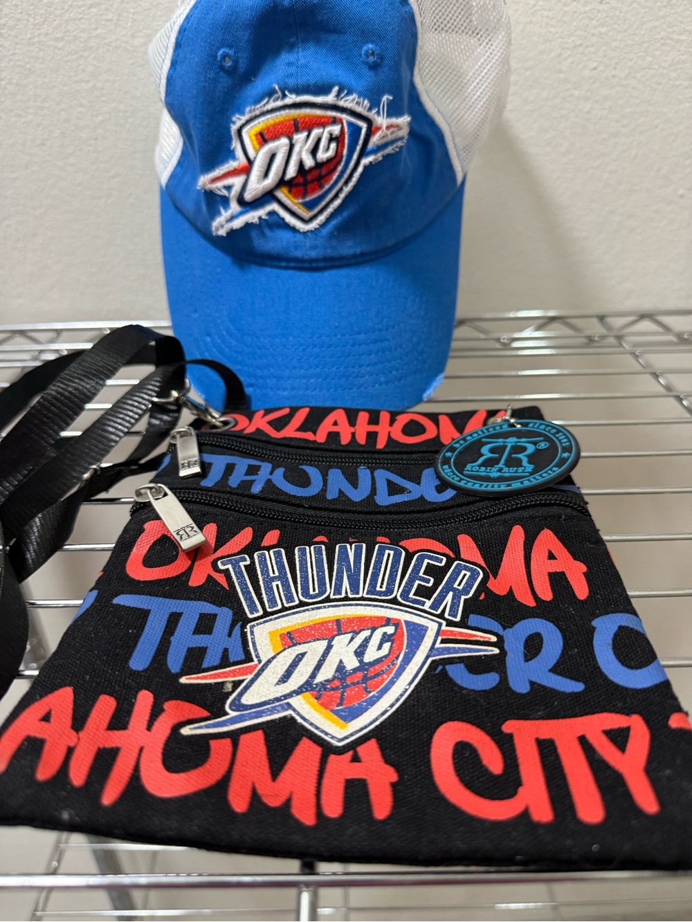 Robin Ruth OKC Thunder Crossbody bag and trucker ball cap in Blue, Black & Red